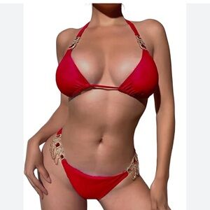 AMAZON Red Rhinestone Gold Chain Jeweled Bikini Swimsuit Size L NEW